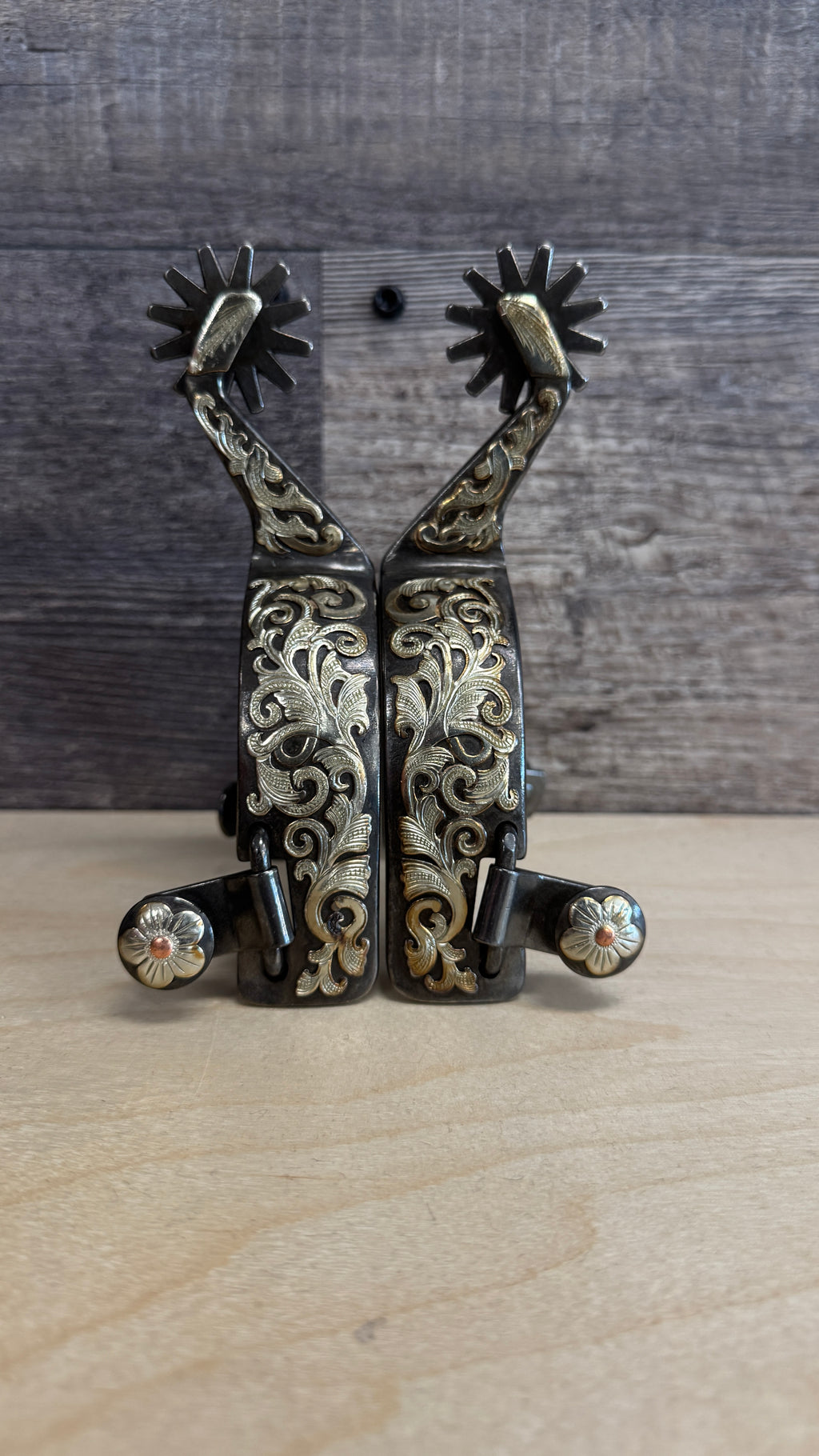 Classic Equine Performance Horse Spurs with Silver and Copper Scroll Overlay - 12pt Long Shank